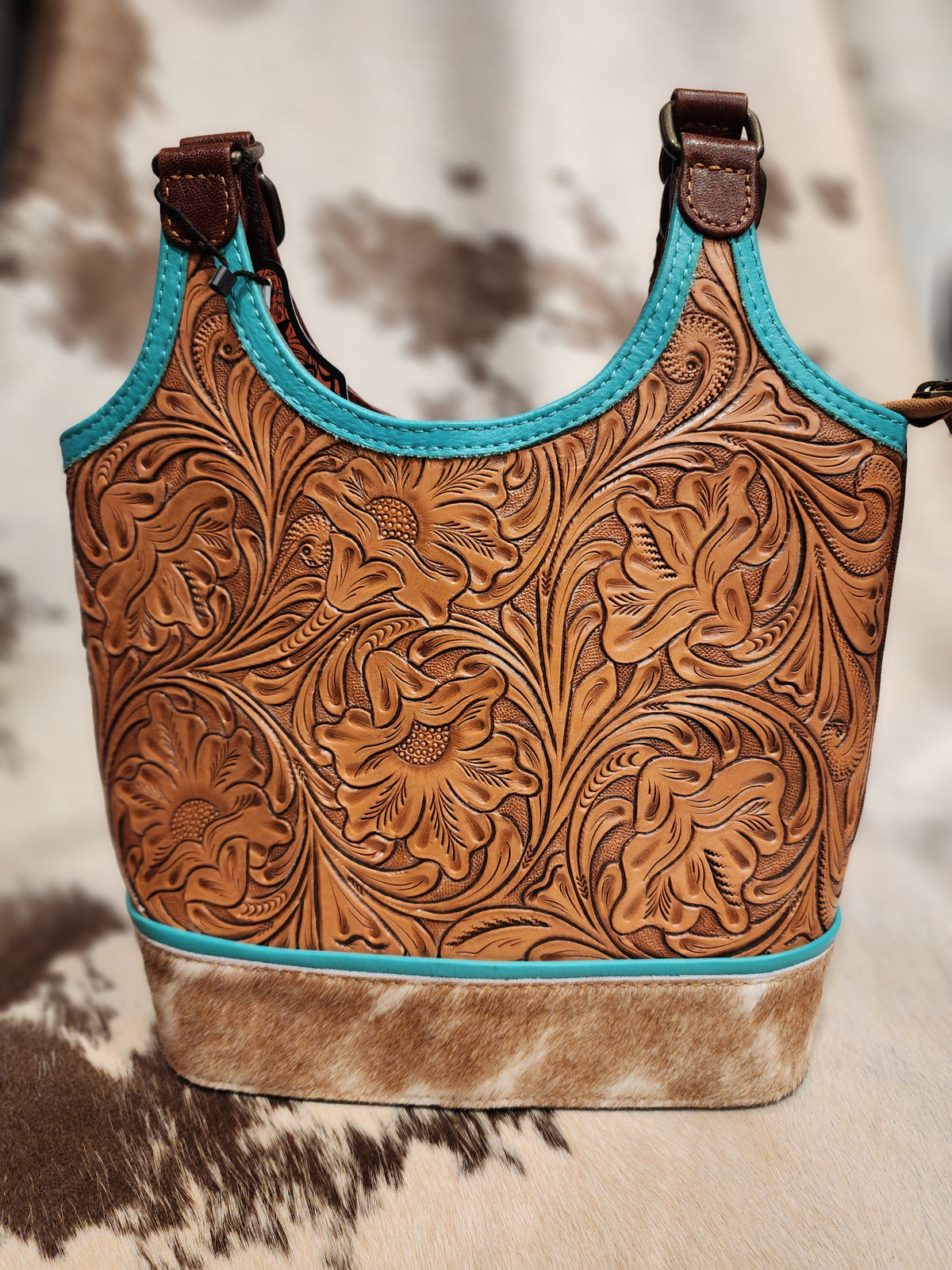 Shoulder Tooled + Cowhide Purse Brown