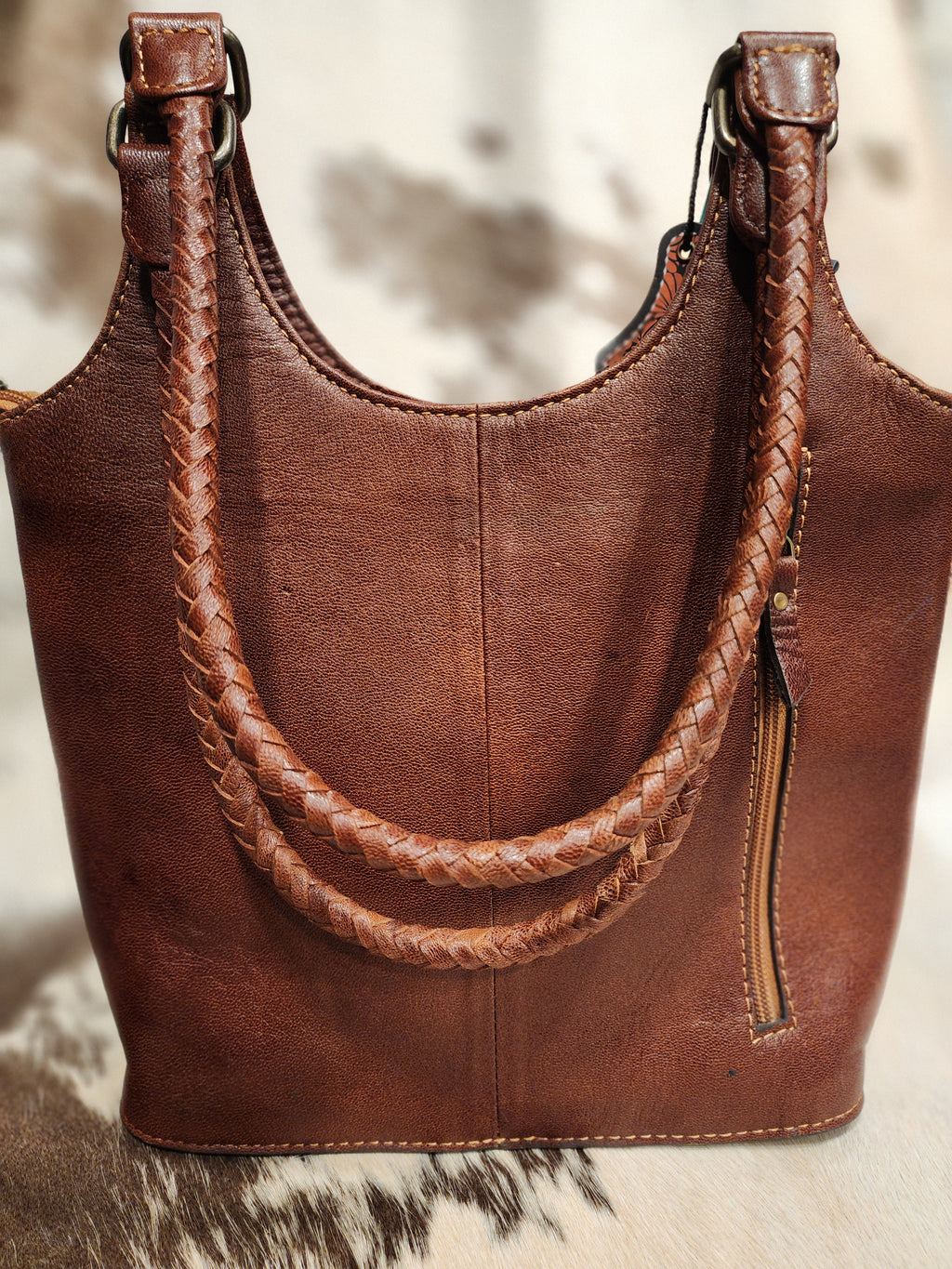 Shoulder Tooled + Cowhide Purse Brown